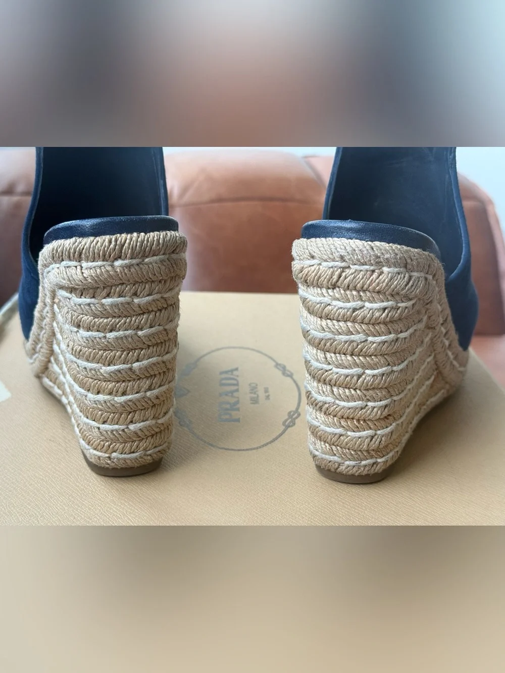 Prada Navy Suede Open-Toe Wedge Espadrilles